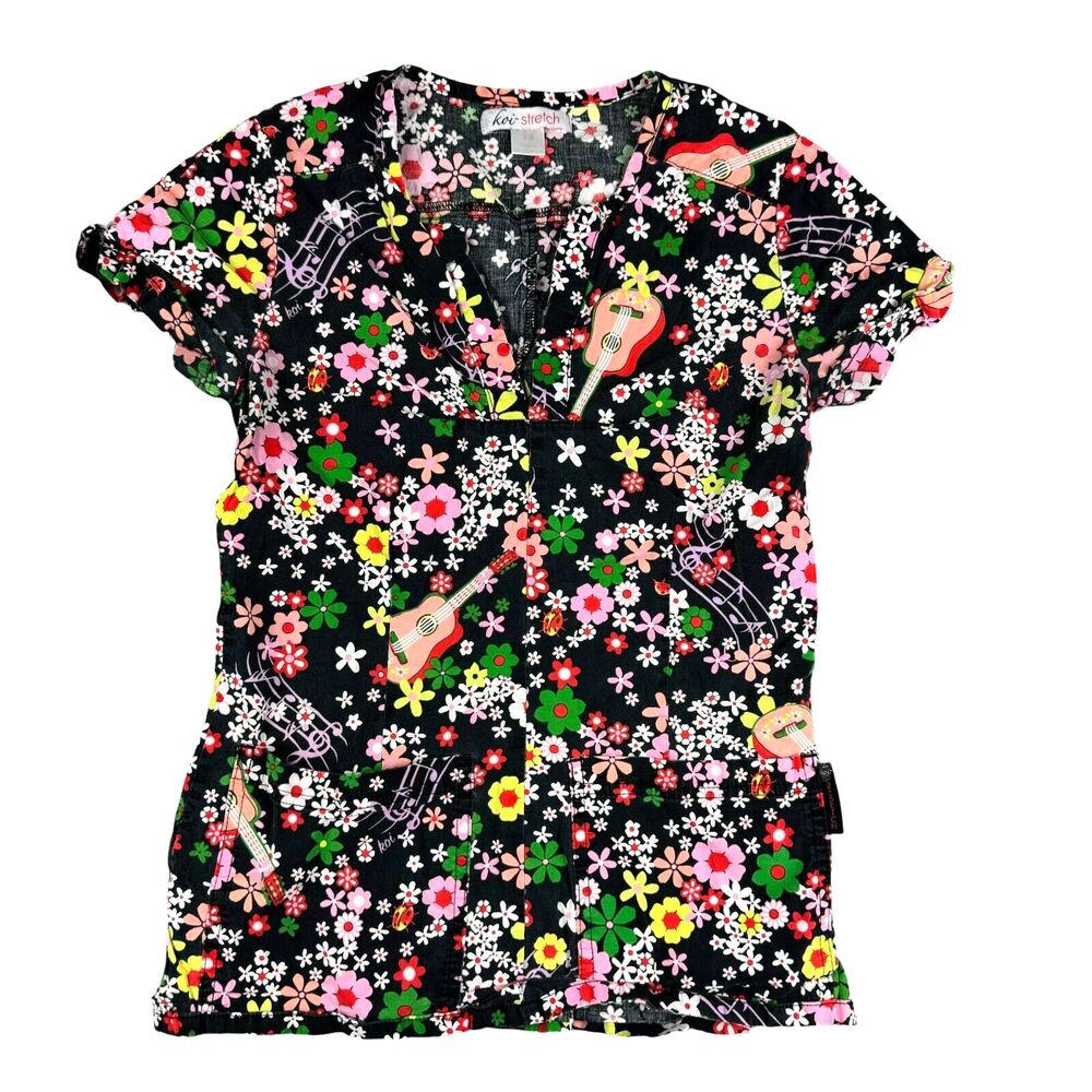 Koi Scrub Top Women's Extra Small Stretch Short Sleeve Top Floral Guitar Medical